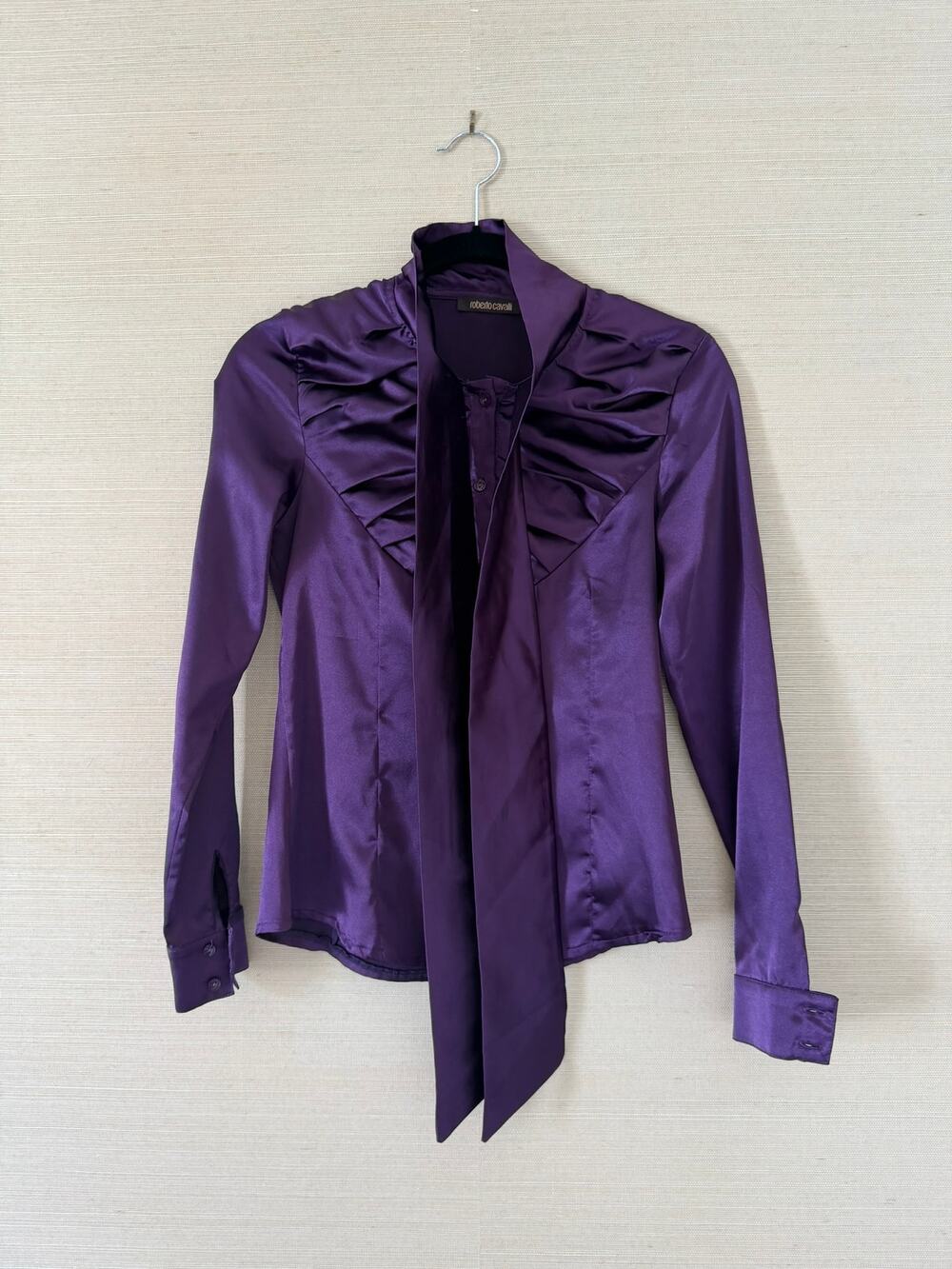Roberto Cavalli Satin Ruffle Blouse in Purple – Fits Size 2-4